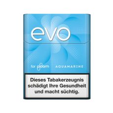 Packung Tabaksticks EVO Aquamarine. Hell-blaue Packung mit weißer evo und for ploom Aufschrift.
