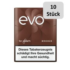 Stange Tabaksticks EVO Bronze. Dunkelbraune Packung mit weißer evo und for ploom Aufschrift sowie 10 Stück Bottom.