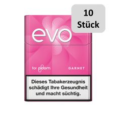 Stange Tabaksticks EVO Garnet. Rosa Packung mit weißer evo und for ploom Aufschrift sowie 10 Stück Bottom.