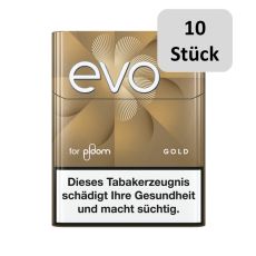 Stange Tabaksticks EVO Gold. Beige Packungen mit weißer evo und for ploom Aufschrift und 10 Stück Bottom.