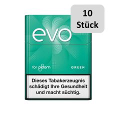 Stange Tabaksticks EVO Green. Mintgrüne Packung mit weißer EVO Aufschrift und 10 Stück Bottom.