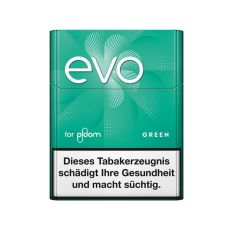 Packung Tabaksticks EVO Green. Mintgrüne Packung mit weißer EVO und for ploom Aufschrift.