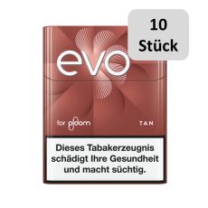 Stange Tabaksticks EVO Tan. Hellbraune Packungen mit weißer evo und for ploom Aufschrift und 10 Stück Bottom.