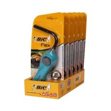 Türkises Stabfeuerzeug BIC Megalighter Flex mit sichtbarer Gasstand und grauem Druckknopf.