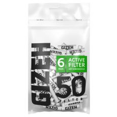 Beutel Gizeh Zigarettenfilter Black Active. Durchsichtige Tüte mit schwarzer Gizeh Aufschrift und grünen 6mm Buttom.