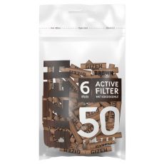 Beutel Gizeh Zigarettenfilter Brown Active. Durchsichtige Tüte mit brauner Gizeh Aufschrift und braunem 6mm Buttom.