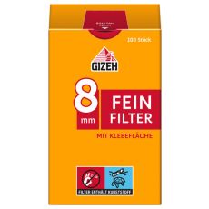 Packung Filter Gizeh Feinfilter 8mm. Orange Schachtel mit rotem Fein Filter Aufschrift und Gizeh Logo.