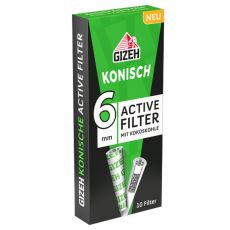Packung Gizeh Zigarettenfilter Konisch Active. Schwarze-grüne Schachtel mit weißer Konisch Aufschrift und zwei Filter.