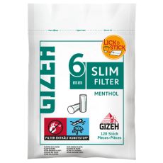Beutel Filter Gizeh Menthol Slim 6mm. Weiße Tüte mit grüner Gizeh, 6mm und Slim Filter Aufschrift.