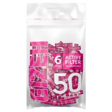 Beutel GIZEH Zigarettenfilter Pink Active. Durchsichter Beutel mit rosa Gizeh und 6mm Aufschrift und pinke Filter.