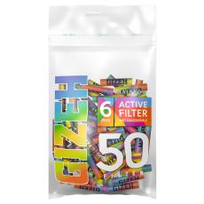 Beutel Gizeh Zigarettenfilter Rainbow Active. Durchsichtige Tüte mit bunter Gizeh Aufschrift und buntem 6mm Buttom.