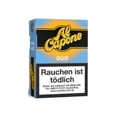 Packung Al Capone Pockets Duo Filter Zigarillos. Blau-gelb-schwarze Schachtel mit weißer Duo Aufschrift.