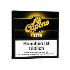 Schachtel Al Capone Filter Zigarillos. Schwarze Packung mit gelben Al Capone Logo.