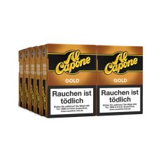 Schachtel  Filterzigarillos Al Capone Pockets Gold Filter. Goldene Packung mit gelben Logo.