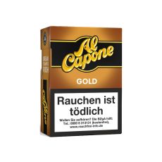 Schachtel Al Capone Pockets Gold Filter Zigarillos. Golden-schwarze Packung mit gelben Al Capone Logo.