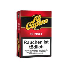 Packung Al Capone Pockets Sunset Filter Zigarillos. Rote Schachtel mit gelben Al Capone Logo.