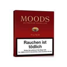 Schachtel Filterzigarillos Moods Filter. Dunkelrote Packung mit goldenem Moods Logo.