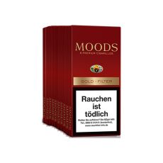 Stange Moods Gold Filter Zigarillos. Zehn weinrote Packungen mit goldenem Moods Logo und Warnhinweis.