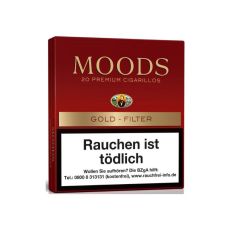 Schachtel Filterzigarillos Moods Gold Filter. Dunkelrote Packung mit Moods Logo und Gold Filter Aufschrift.