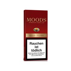 Schachtel Filterzigarillos Moods Gold Filter 5 Stück. Dunkelrote Packung mit goldenem Moods Logo.
