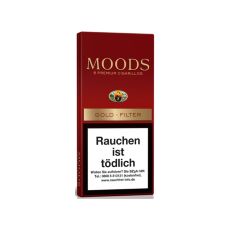 Schachtel Filterzigarillos Moods Gold Filter 5 Stück. Dunkelrote Packung mit goldenem Moods Logo.