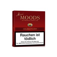 Schachtel Filterzigarillos Moods Mini Double Filter 20 Stück. Weinrote Packung mit Mini und Moods Aufschrift.