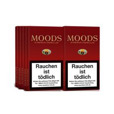 Schachtel Zigarillos Moods ohne Filter 5 Stück. Weinrote Packung mit goldenem Moods Logo und Warnhinweis.