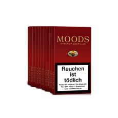 Stange Moods ohne Filter Zigarillos 5er Pack. Zehn weinrote Packungen mit goldenem Moods Logo und Warnhinweis.