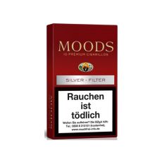 Schachtel Filterzigarillos Moods Silver Filter 10 Stück. Weinrote Packung mit silberenen Balken.