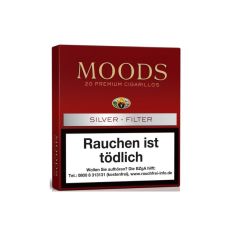 Schachtel Filterzigarillos Moods Silver Filter. Dunkelrote Packung mit silbernen Balken und Silver Filter Aufschrift.