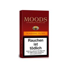 Schachtel Filterzigarillos Moods Sunshine Filter 10 Stück. Dunkelrote Packung mit orangen Balken.
