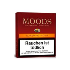 Schachtel Filterzigarillos Moods Sunshine. Weinrote Packung mit orangen Balken und Sunshine Aufschrift.