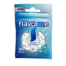 Beutel Flavorme Zigarettenfilter Mint Filter Tips. Blau-weißer Beutel mit blau-weißer flavorme Aufschrift und weiße Filter.