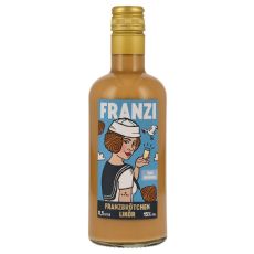 Franzi Franzbrötchen Likör. Klare Flasche mit karamellfarbendem Inhalt mit blauem Etikett mit Frauenabbildung und weißer Franzi Aufschrift.