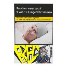 Schachtel Fred Jaune Zigaretten. Weiße Packung mit großer gelber Fred Aufschrift und Fantasiefigur.