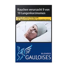 Schachtel Zigaretten Gauloises Blondes blau. Blaue Packung mit hellblau-weißem Gauloises Logo.