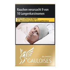 Schachtel Zigaretten Gauloises Blondes Gold. Goldene Packung mit weißem Gauloises Logo.