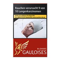 Schachtel Zigaretten Gauloises Blondes Rot. Rote Schachtel mit gelb-weißem Gauloises Logo.