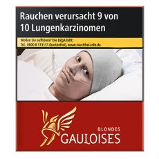 Schachtel Zigaretten Gauloises Blondes rot 53 Stück. Rote Schachtel mit gelb-weißem Gauloises Logo.