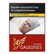 Schachtel Zigaretten Gauloises Blondes rot. Rote Schachtel mit gelb-weißem Gauloises Logo.