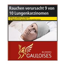Schachtel Zigaretten Gauloises Blondes Rot. Rote Schachtel mit gelb-weißem Gauloises Logo.