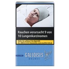 Schachtel Zigaretten Gauloises Brunes Filtre 20 Stück. Hellblaue Packung mit weißem Gauloises Logo.