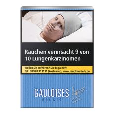 Schachtel Zigaretten Gauloises Brunes ohne Filter. Hellblaue Packung mit weißem Gauloises Logo.