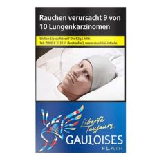 Schachtel Gauloises Liberte Flair Blue Zigaretten Slims. Blaue Packung mit weißer Gouloises Aufschrift und Helm.
