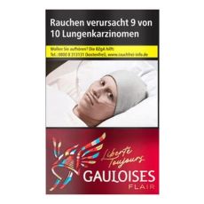 Schachtel Gauloises Liberte Flair Rouge Zigaretten Slims. Hellrote Packung mit weißer Gouloises Aufschrift und Helm.