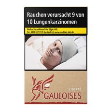 Schachtel Zigaretten Gauloises Liberte rot. Beige Packung mit rotem Gauloises Logo mit Helm und Flügel.