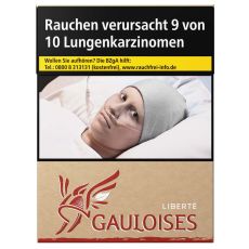 Schachtel Zigaretten Gauloises Liberte rot 27 Stück. Beige Packung mit rotem Gauloises Logo mit Helm und Flügel.