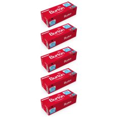 Gebinde Hülsen Burton 200 King Size. Fünf rote Packungen mit weißer Burton Aufschrift und 200 Botton.