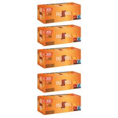 Gebinde Pall Mall Allround Rot 200 Xtra Hülsen. Fünf orange Packungen mit rotem Pausezeichen und Pall Mall Aufschrift.