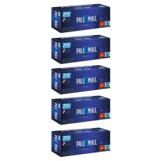 Gebinde Pall Mall Blau Xtra Zigarettenhülsen. Fünf blaue Packungen mit hellblauem Pausezeichen und weißer Pall Mall Aufschrift.